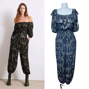 ba&sh Dulcine Off the Shoulder‎ Jumpsuit Black Metallic Gold Size XS